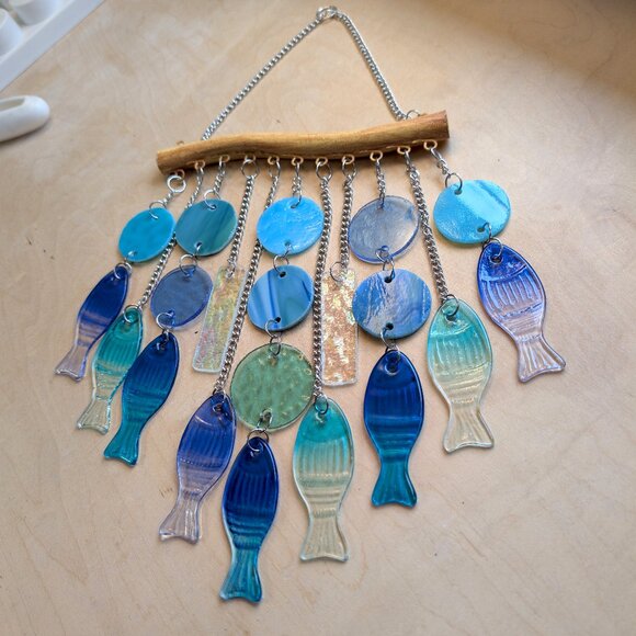Stunning Stained Glass & Blue Glass Fish Wind Chime - Beach Decor - Picture 4 of 14